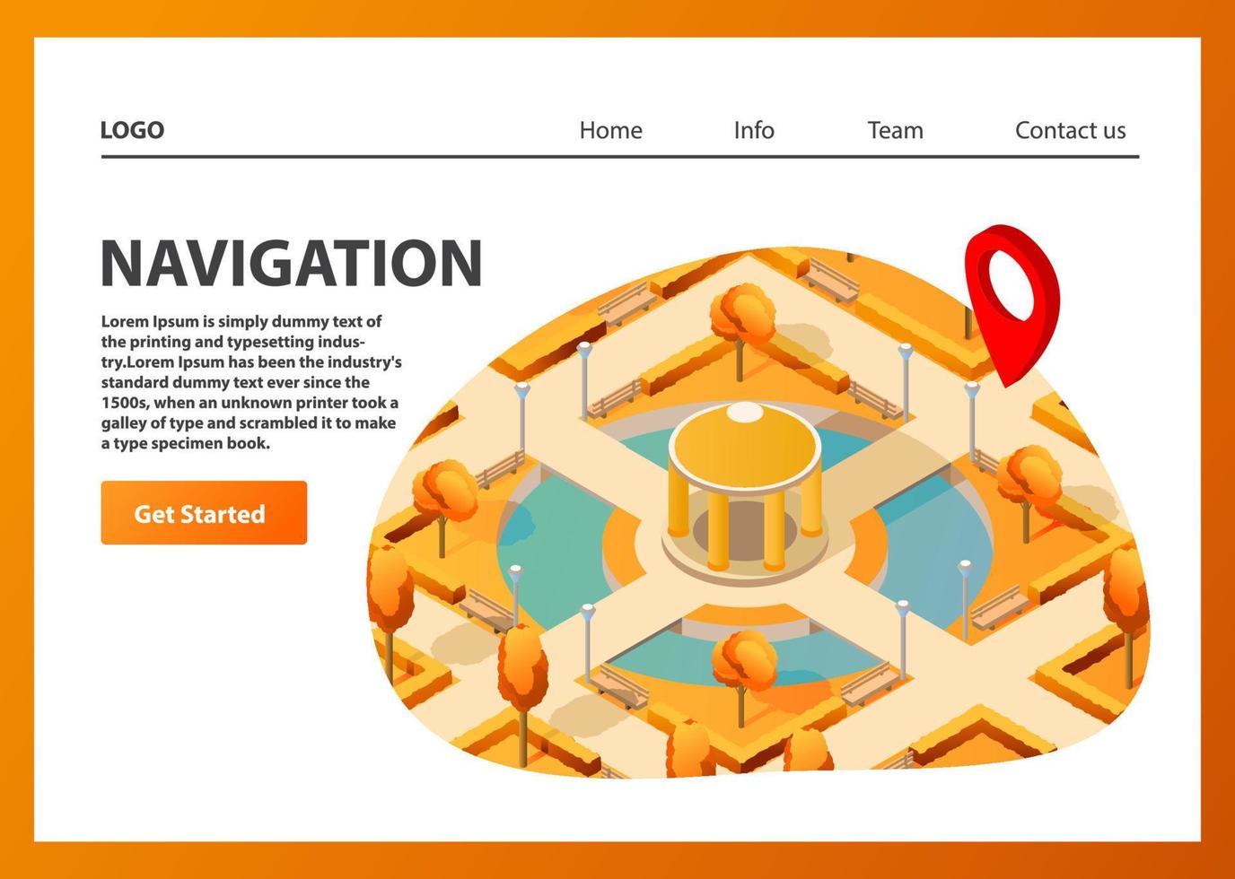 navigation gps mobile sur carte isométrique. public automne parc navigateur broche rouge color.landing page template.web page.website template.park allée avec des arbres, avec un étang et des bancs et un vecteur de tonnelle.