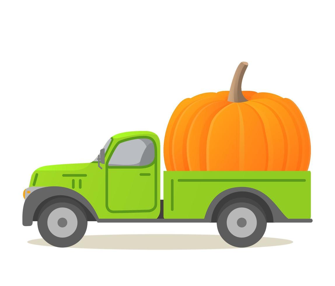 camion de livraison de nourriture citrouille. récolte de légumes d'automne. vecteur d'illustration de ramassage de voiture.