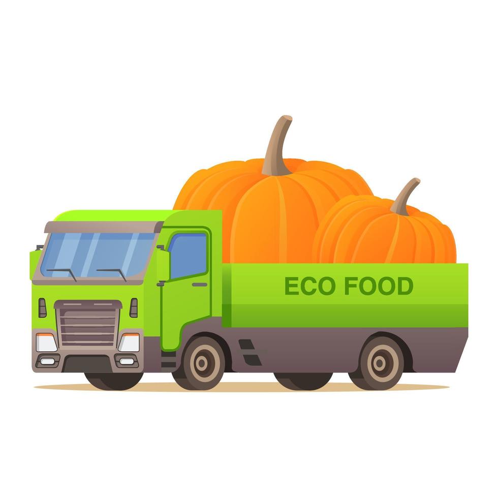 camion de livraison de nourriture citrouille. récolte d'automne légumes. vecteur d'illustration de voiture. véhicule de camion. isolé sur fond blanc. nourriture écologique.