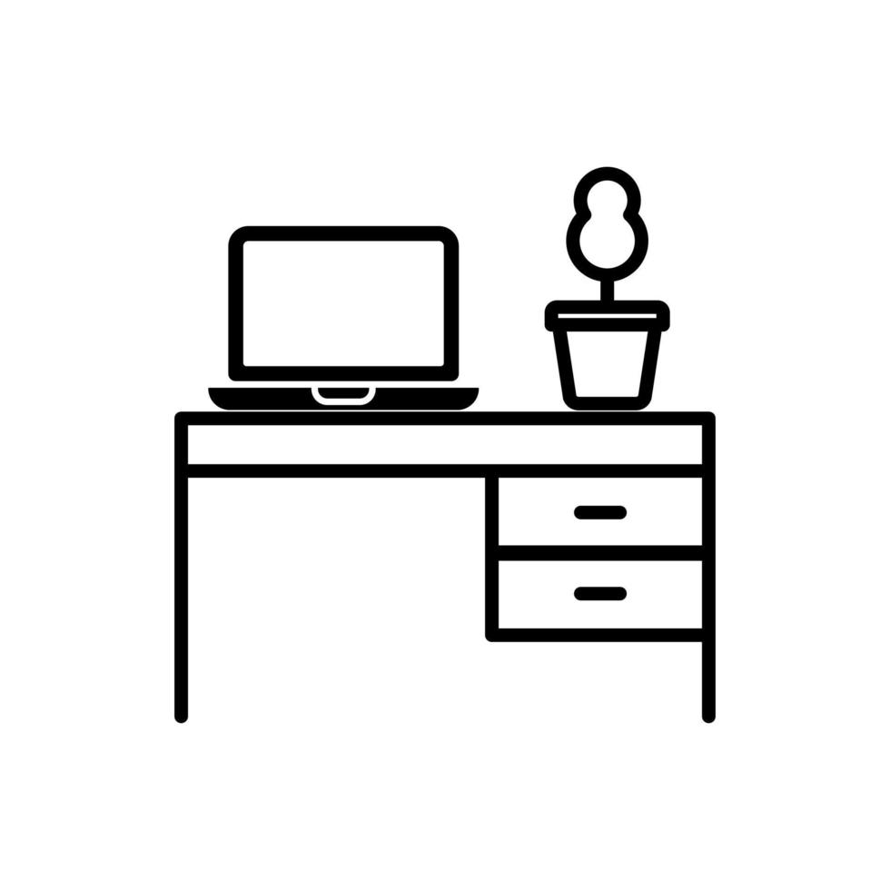 ordinateur portable et plante en pot sur le bureau, vecteur d'icône d'espace de travail de bureau