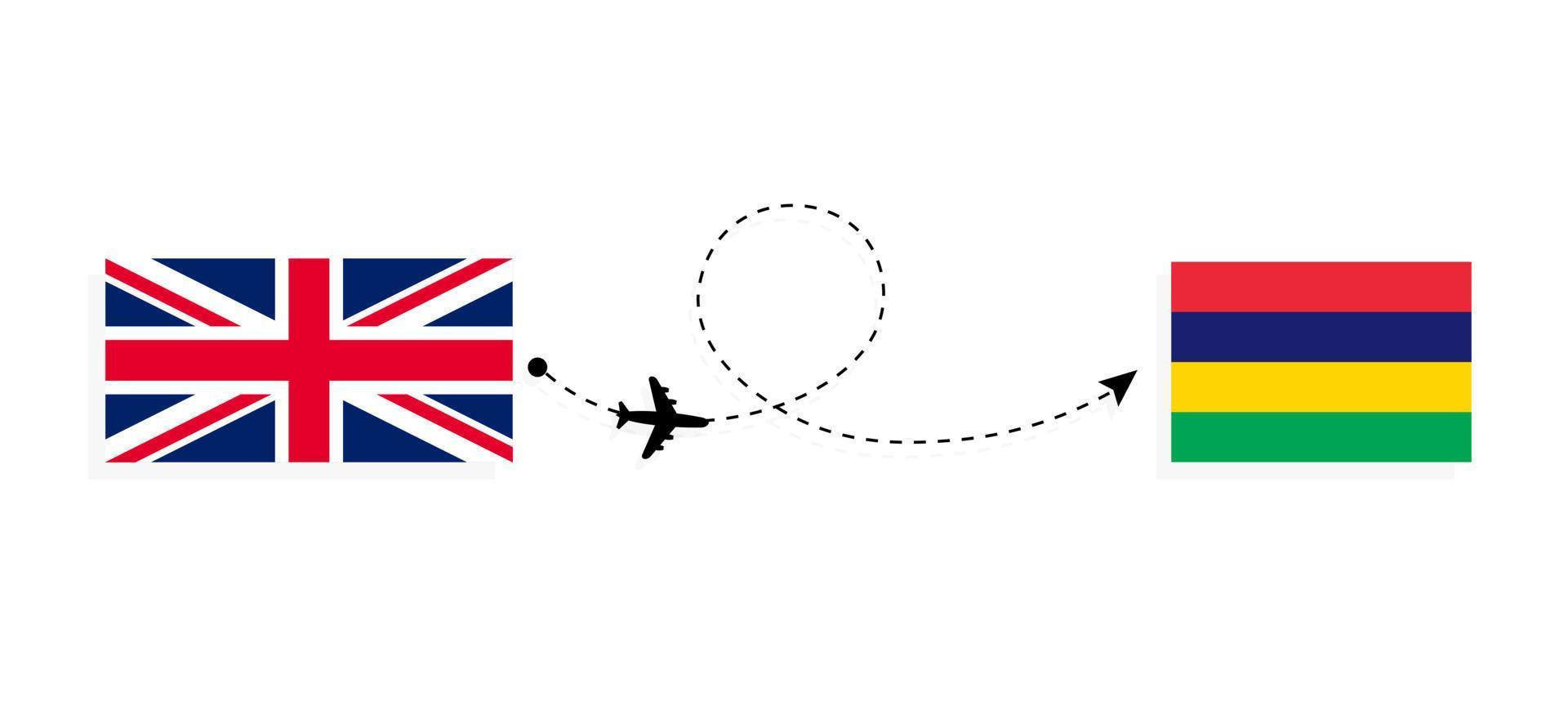vol et voyage du royaume-uni de grande-bretagne à l'île maurice par concept de voyage en avion de passagers vecteur