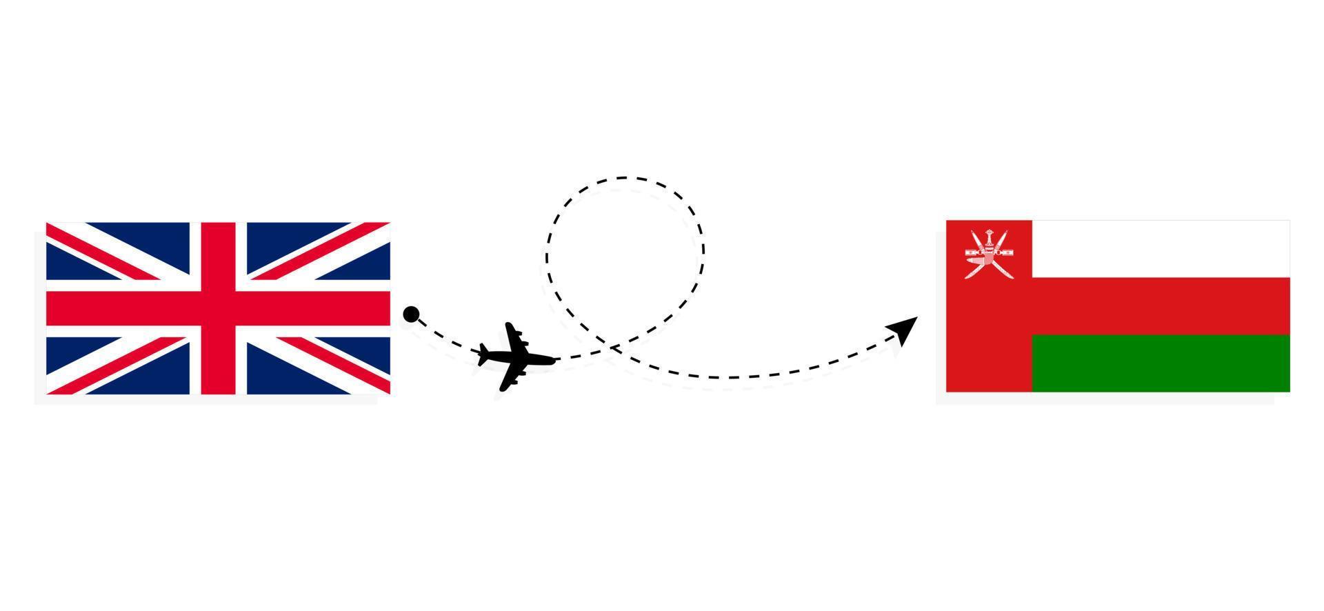 vol et voyage du royaume-uni de grande-bretagne à oman par concept de voyage en avion de passagers vecteur