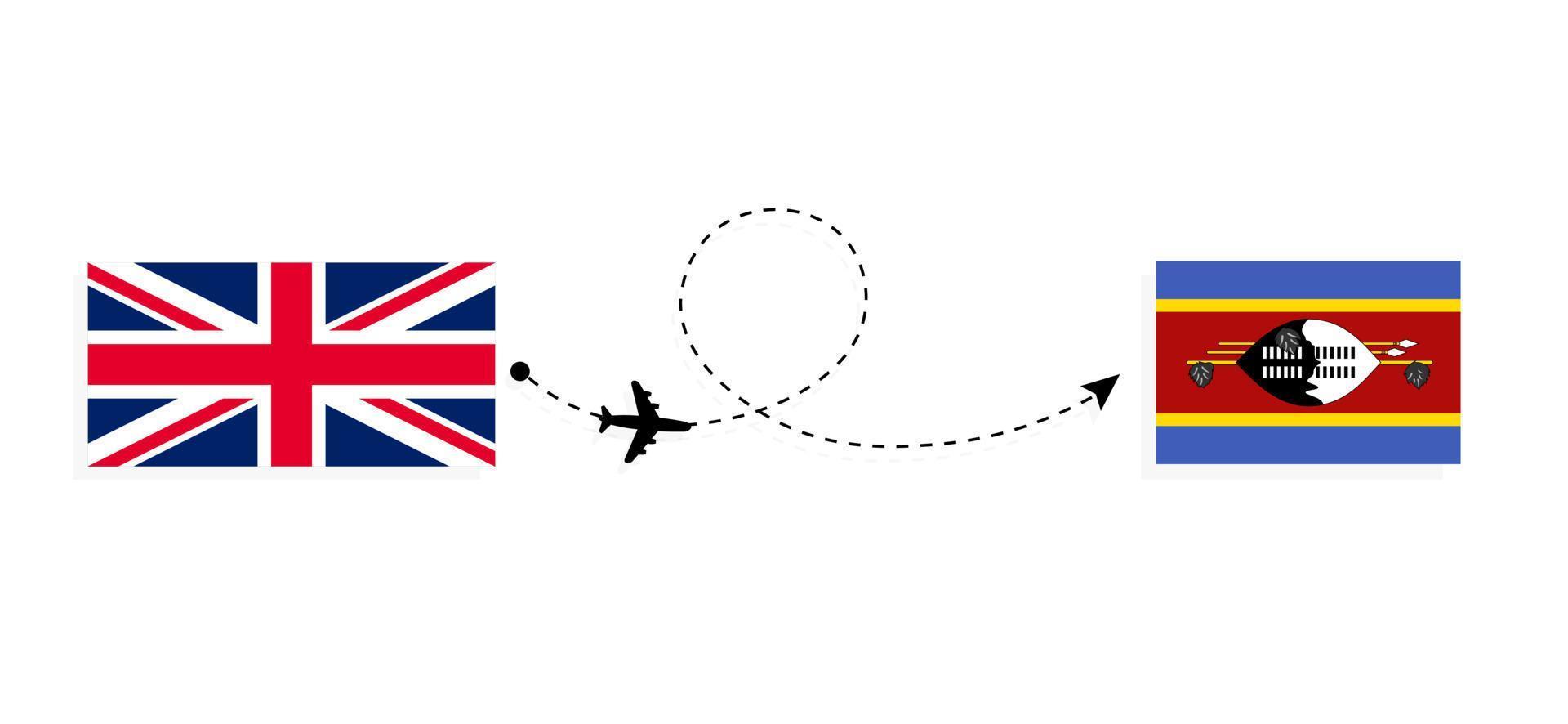 vol et voyage du royaume-uni de grande-bretagne à eswatini par concept de voyage en avion de passagers vecteur
