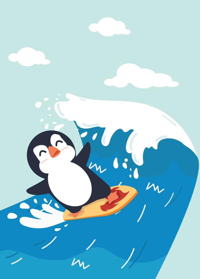 vecteur de surf de dessin animé de pingouin heureux