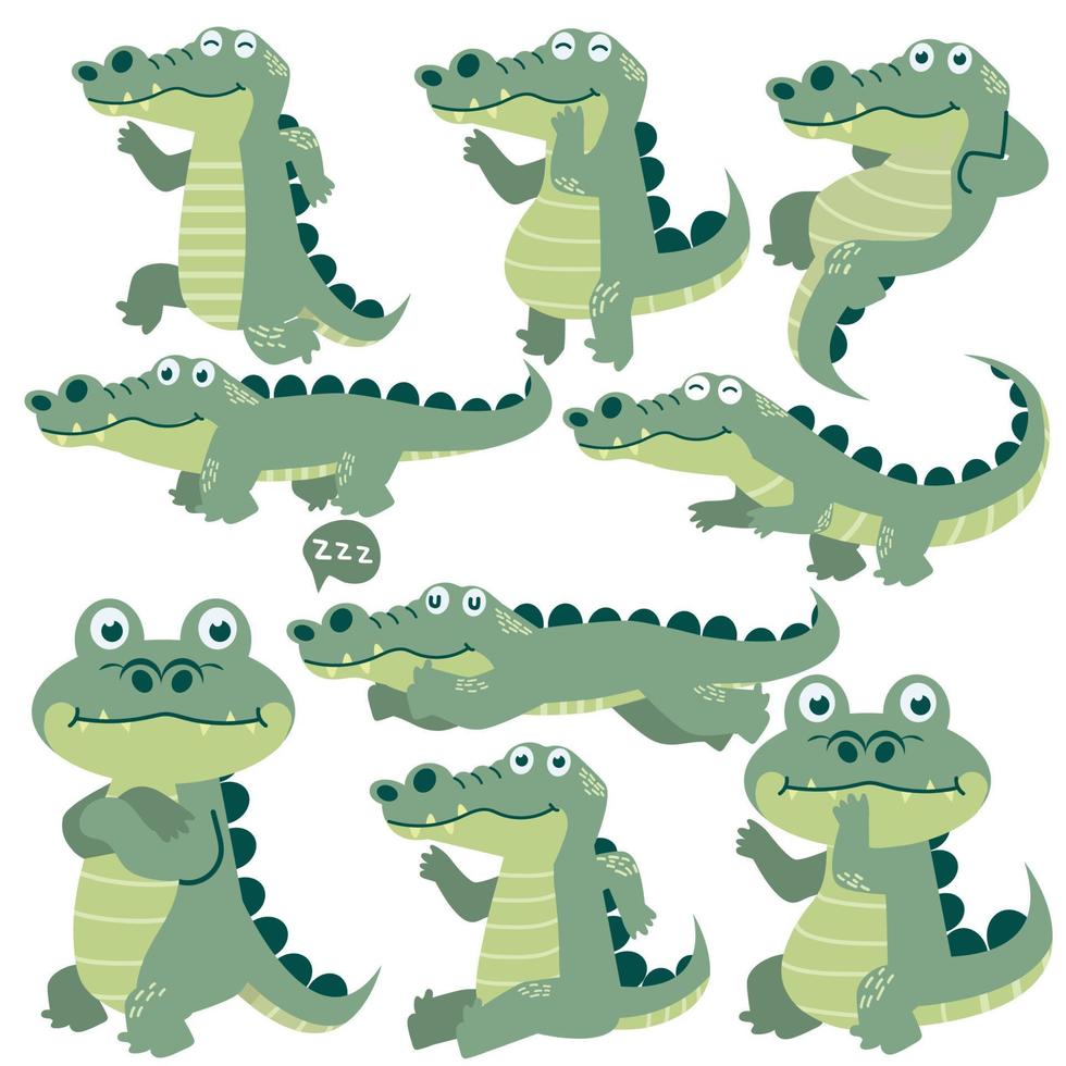 mignon, crocodile, caractère, dessin animé, vecteur, ensemble vecteur