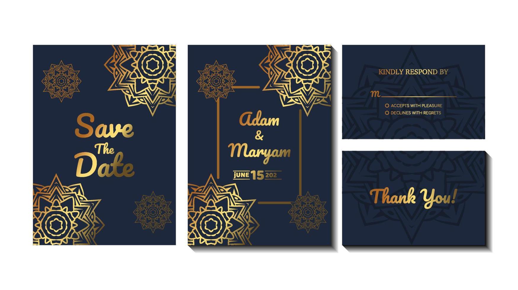définir le contenu de la couverture carte d'invitation de mariage avec mandala, cadre abstrait décoration ornement maquette salutation célébration modèle rustique illustration vectorielle vecteur