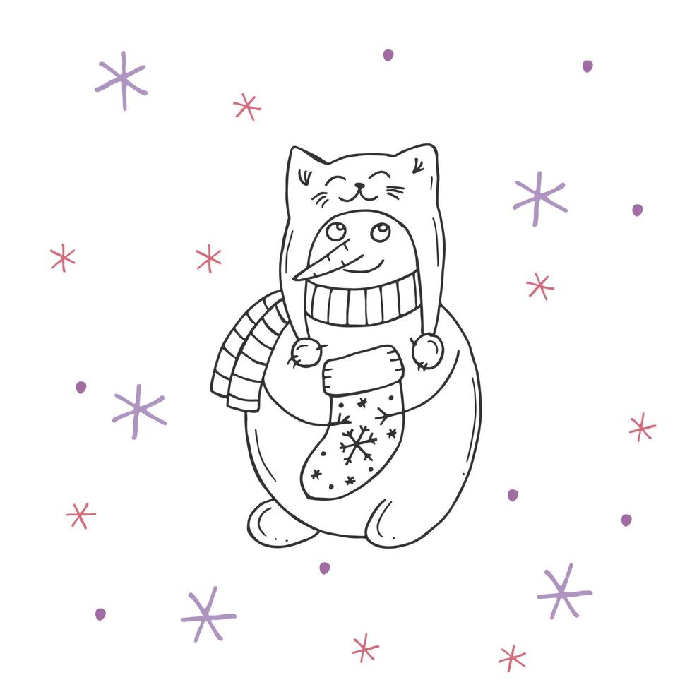 mignon bonhomme de neige avec des flocons de neige violets et roses sur fond blanc. illustration vectorielle dans un style doodle. humeur d'hiver. bonjour 2023. joyeux noël et bonne année. vecteur
