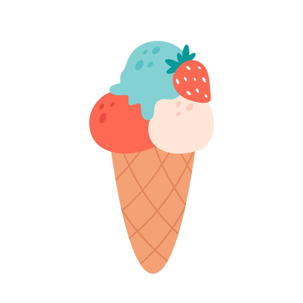 boules de crème glacée en cornet gaufré avec différentes saveurs, garnitures et fraise. l'été, bonjour l'été. vecteur