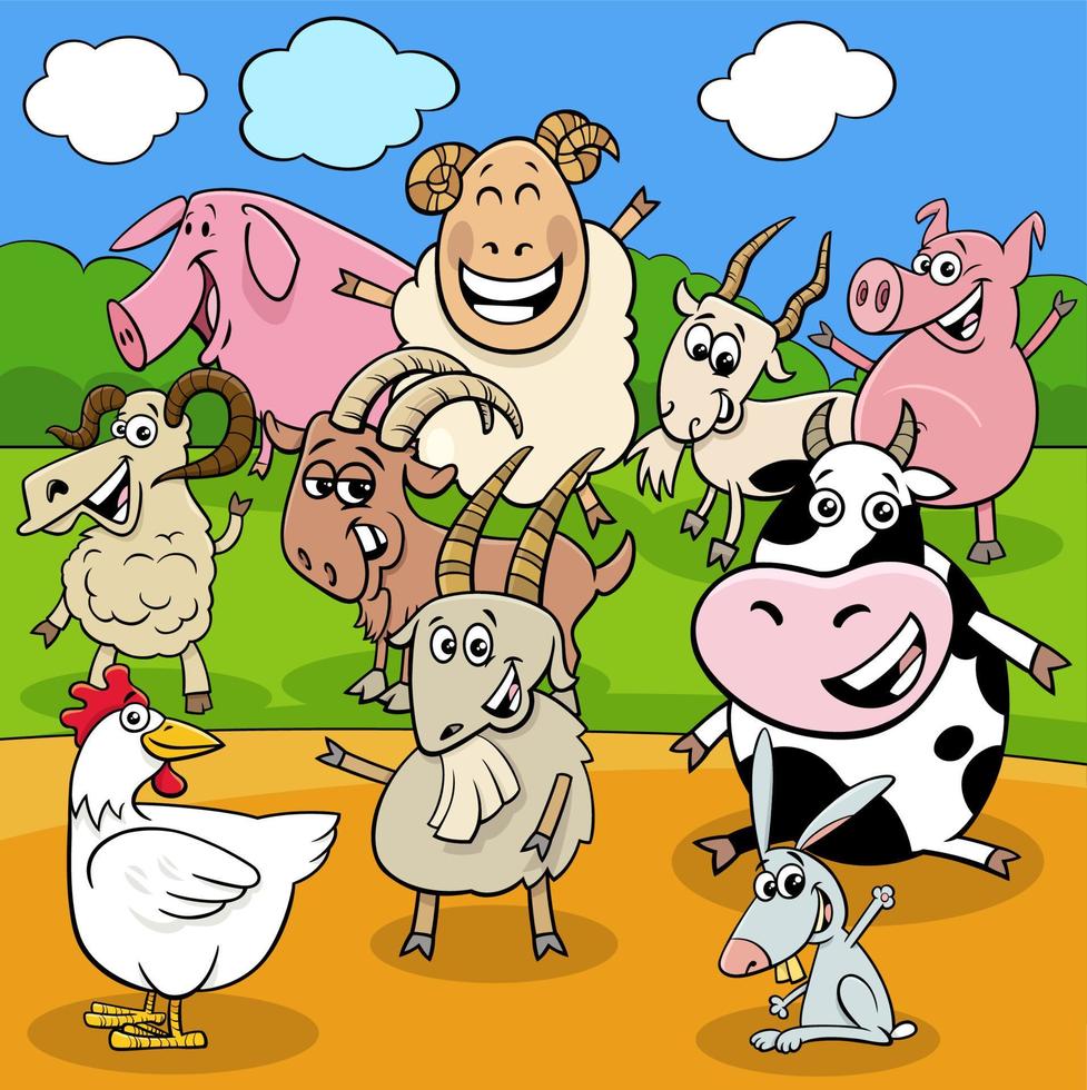 groupe de personnages d'animaux de ferme de dessin animé à la campagne vecteur