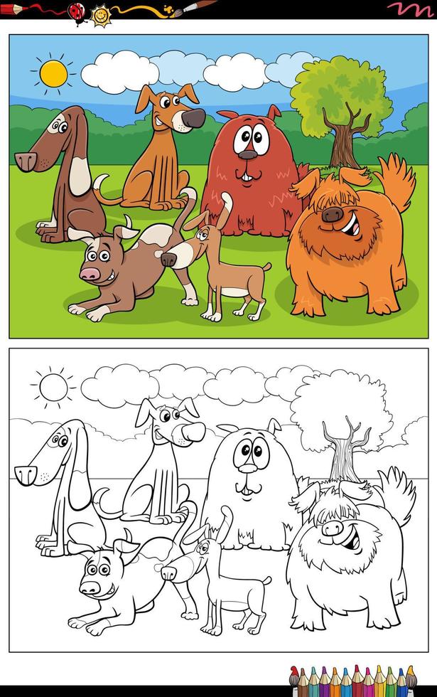 drôle de bande dessinée chiens groupe de personnages animaux page de livre de coloriage vecteur