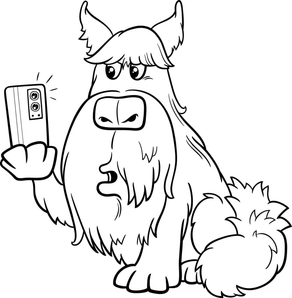 chien de dessin animé prenant un selfie avec une page de coloriage de téléphone intelligent vecteur