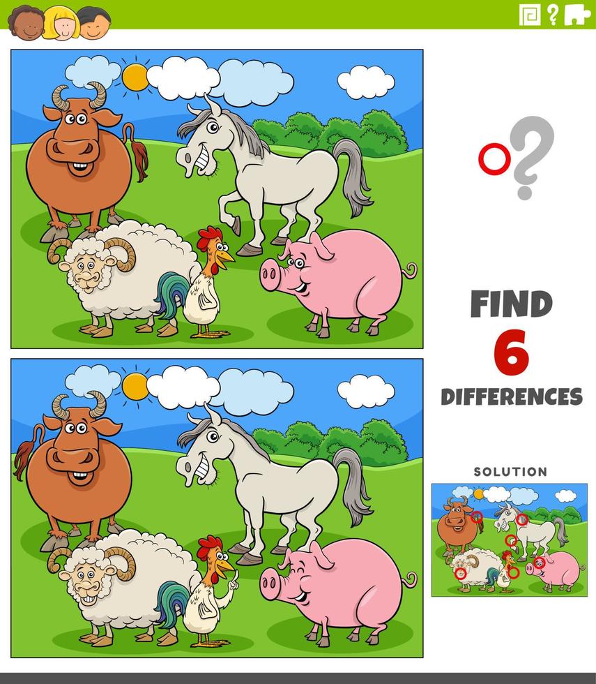 jeu des différences avec le groupe de personnages d'animaux de ferme de dessin animé vecteur