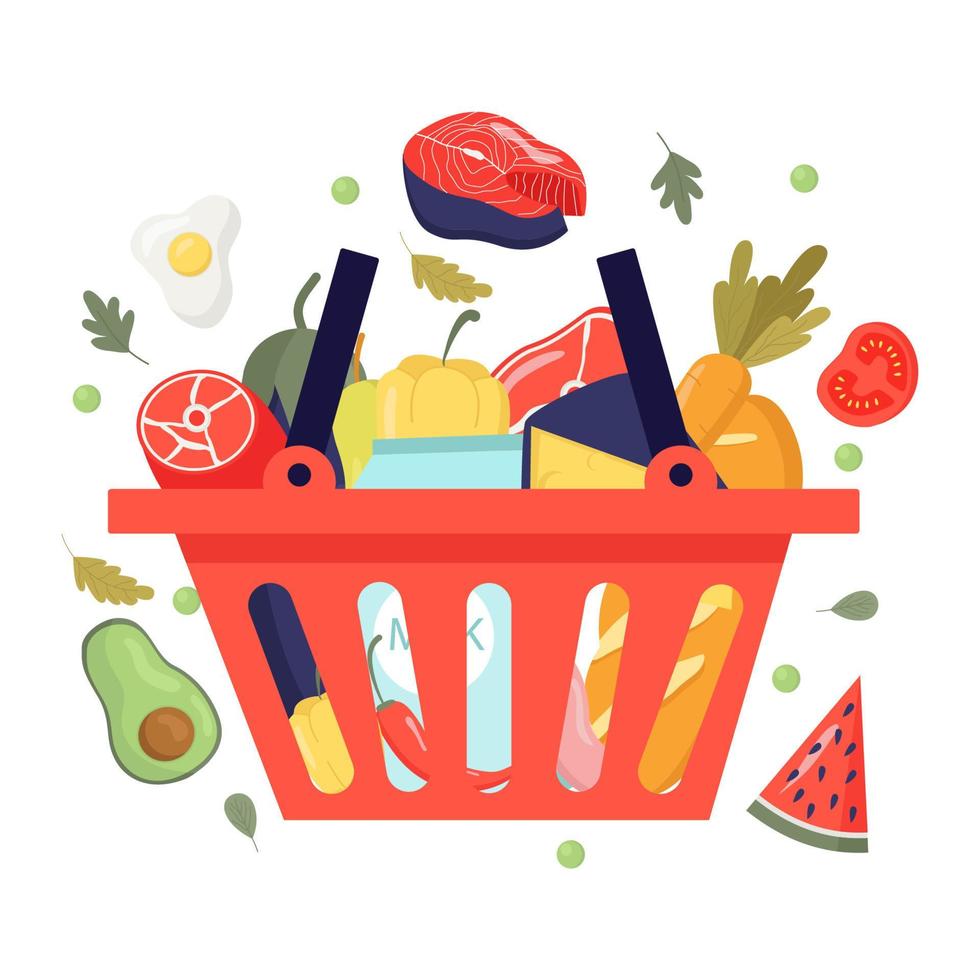 grand ensemble de produits dans le panier. le concept d'une illustration vectorielle plane de la sécurité d'une alimentation saine pour une bannière, un site Web, un modèle de page de destination, une publicité et un dépliant vecteur