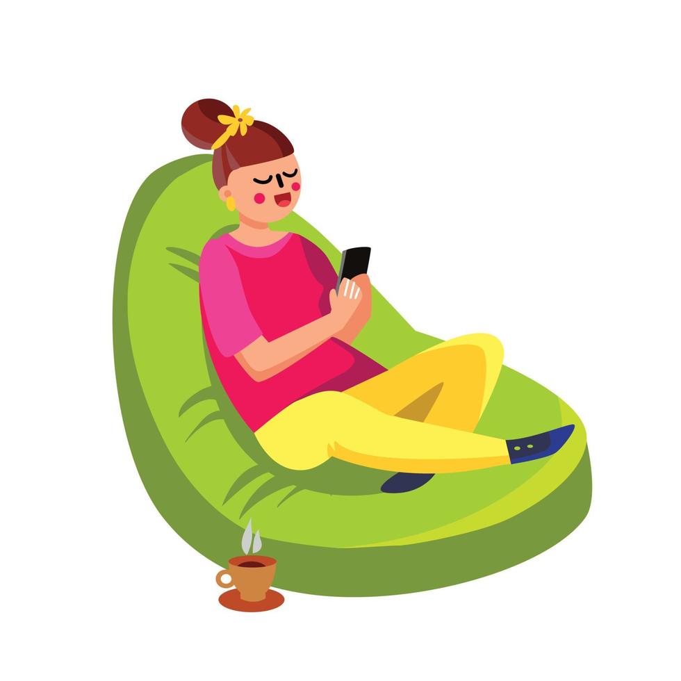 fille assise dans un pouf et utilisant un vecteur de téléphone portable