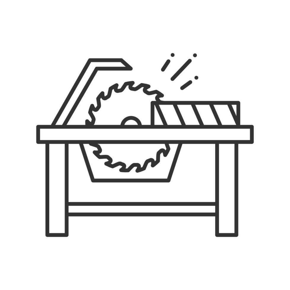 scie circulaire coupant l'icône linéaire de planche de bois. illustration de la ligne mince. scie à disque. symbole de contour. dessin de contour isolé de vecteur