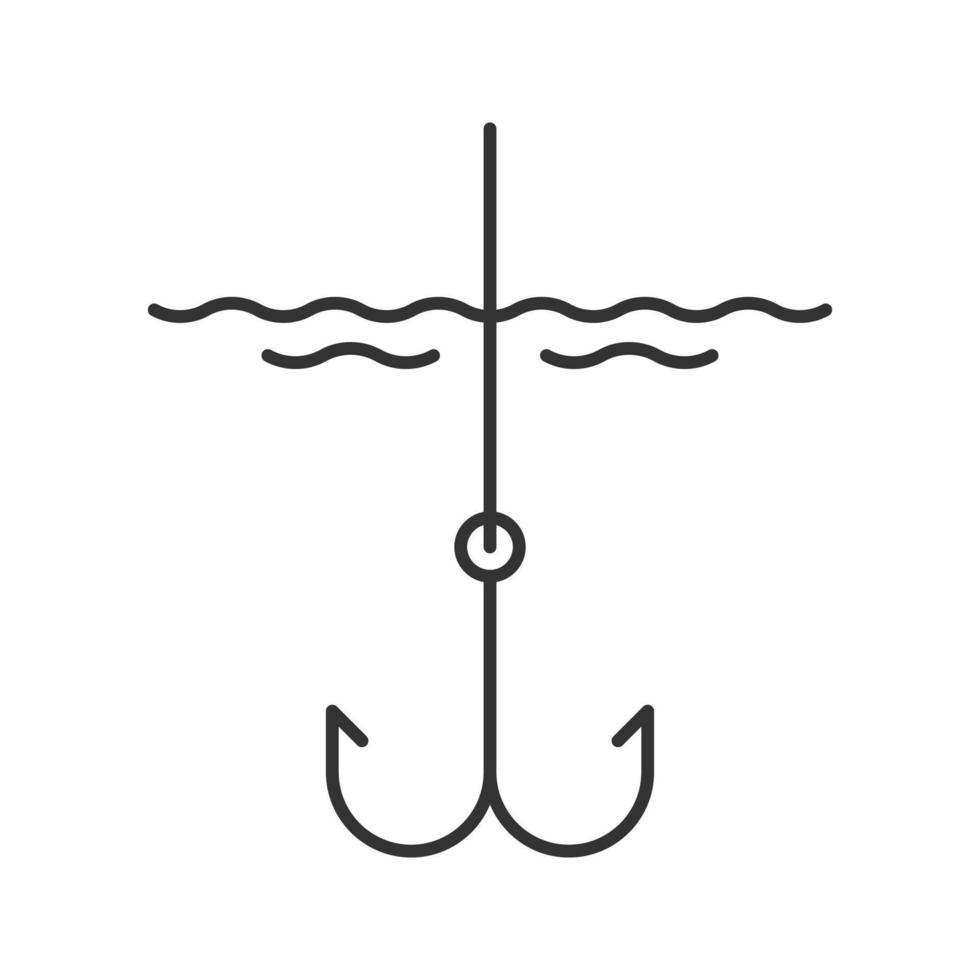 crochet dans l'icône linéaire de l'eau. illustration de la ligne mince. hameçon. matériel de pêche à la ligne. symbole de contour. dessin de contour isolé de vecteur
