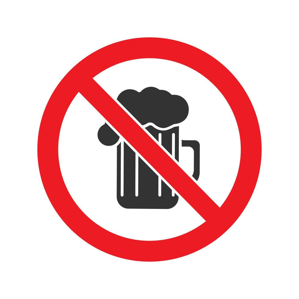 signe interdit avec icône de glyphe de chope de bière. arrêtez le symbole de la silhouette. pas d'interdiction d'alcool. espace négatif. illustration vectorielle isolée vecteur