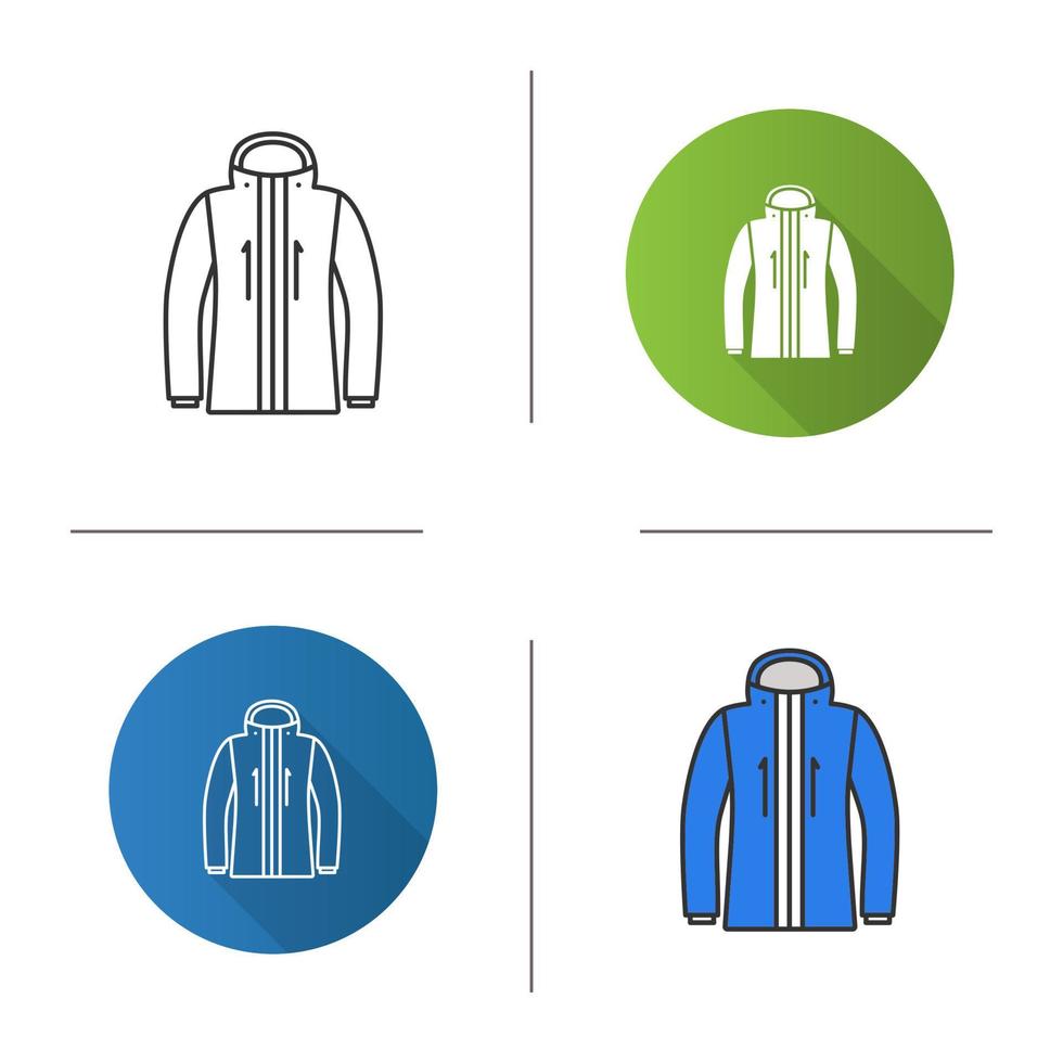 icône de veste de ski. vêtements d'extérieur d'hiver. design plat, styles linéaires et de couleur. illustrations vectorielles isolées vecteur