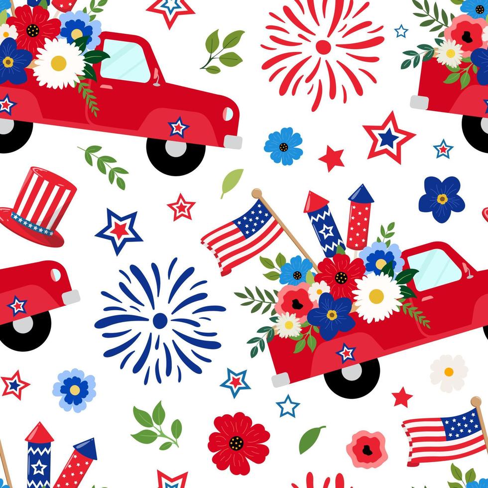 Camionnette de la fête de l'indépendance du 4 juillet avec motif harmonieux de fleurs, de craquelins et de cierges magiques. isolé sur fond blanc. fête de l'indépendance américaine, conception sur le thème des vacances du 4 juillet. vecteur