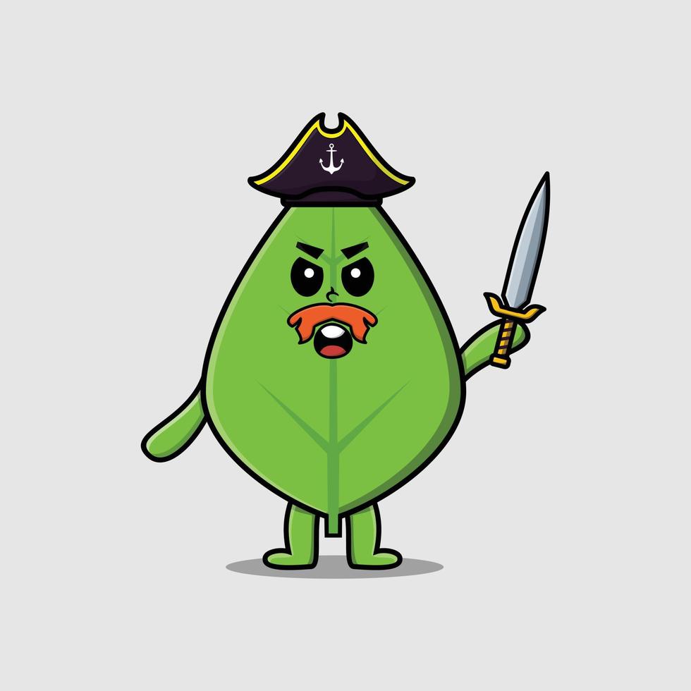 mignon, dessin animé, mascotte, caractère, feuille verte, pirate vecteur