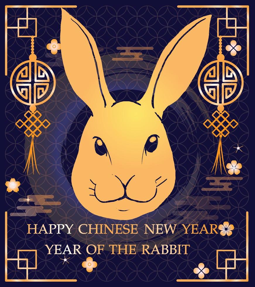 année du lapin 2023 concept de zodiaque du nouvel an chinois visage de lapin doré, papier découpé avec lanterne dorée et motif de fleurs. vecteur