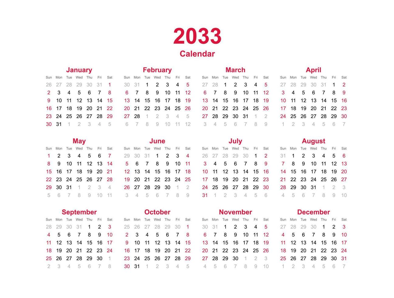 année civile 2033 vecteur