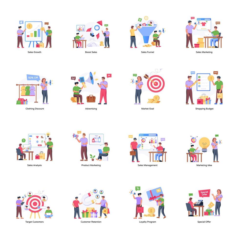 collection d'illustrations plates de marketing des ventes vecteur