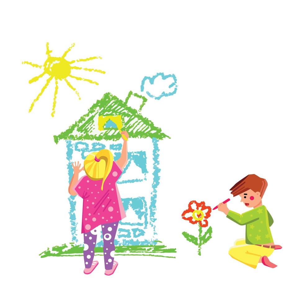enfants garçon et fille dessinant avec un vecteur de crayon