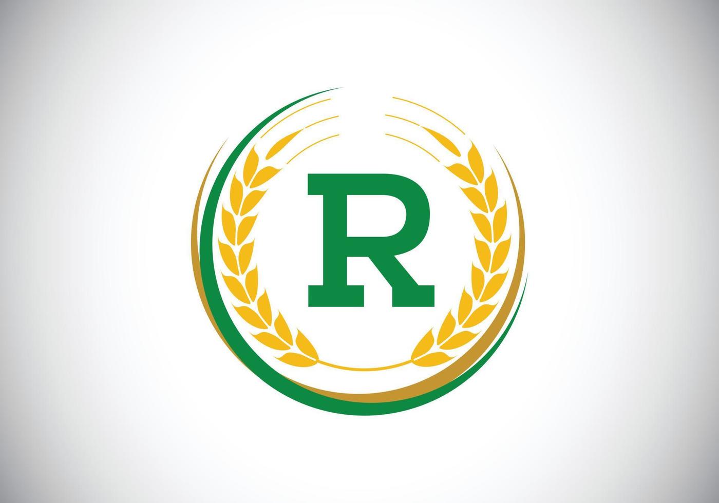 symbole de signe de lettre initiale r avec couronne d'épis de blé. concept de conception de logo de culture de blé biologique. modèle vectoriel de conception de logo agricole.