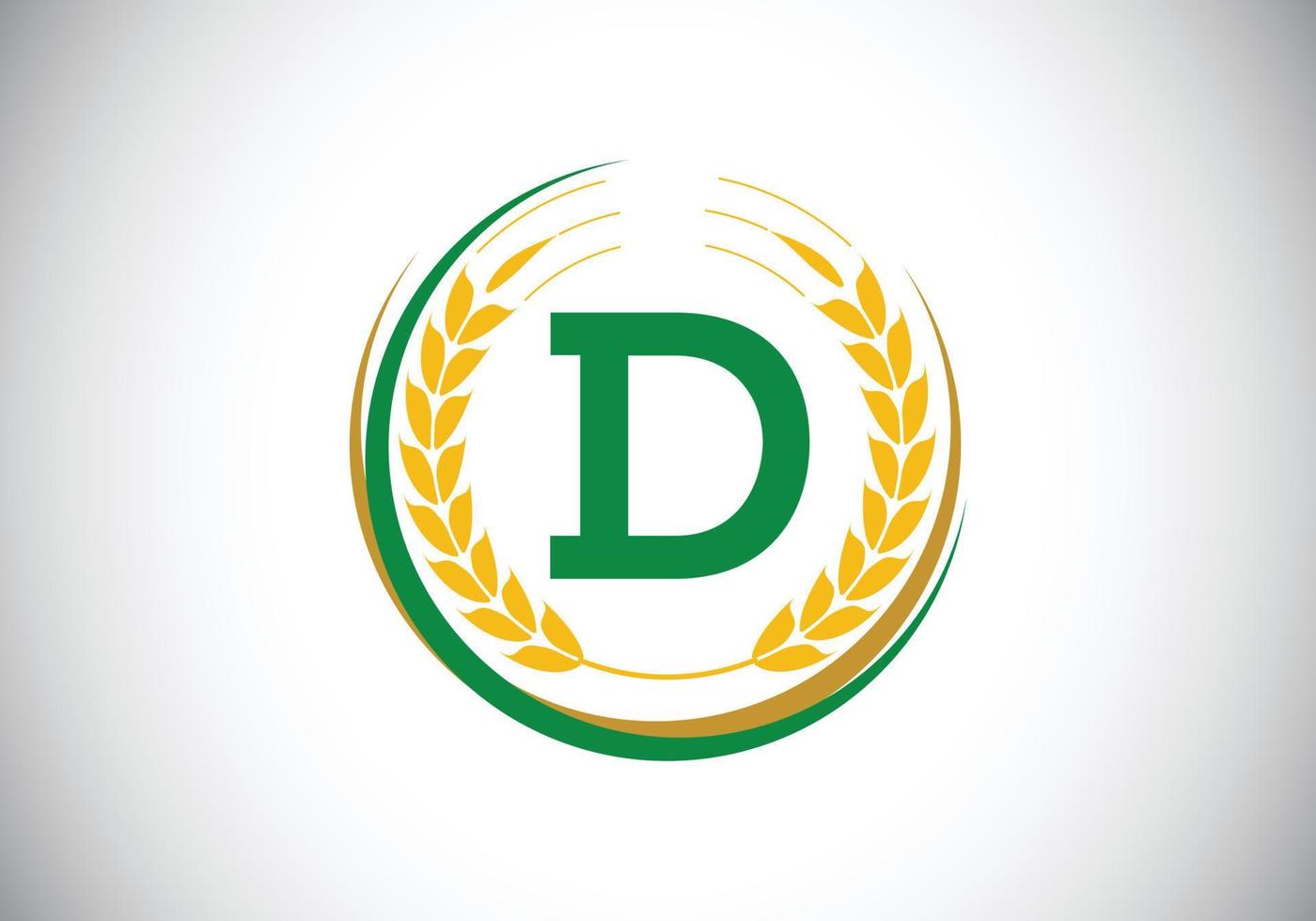 lettre initiale d signe symbole avec couronne d'épis de blé. concept de conception de logo de culture de blé biologique. modèle vectoriel de conception de logo agricole.