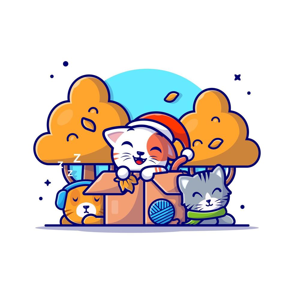 heureux chats mignons dans la boîte illustration d'icône de vecteur de dessin animé d'automne. concept d'icône de nature animale isolé vecteur premium. style de dessin animé plat