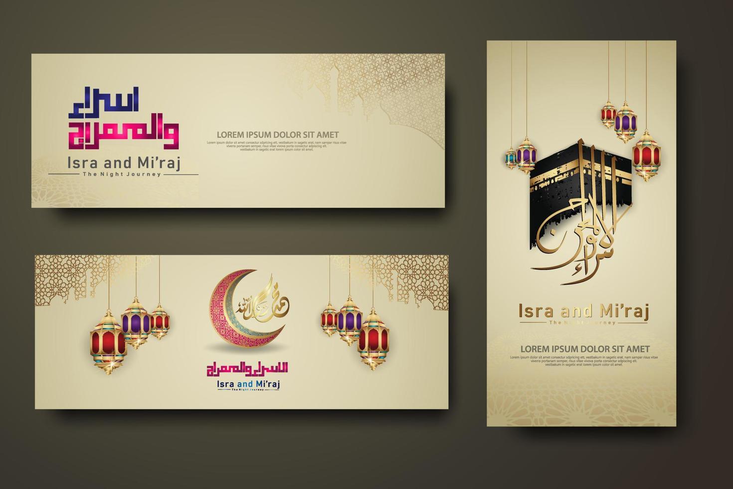 al-isra wal mi'raj prophète muhammad ensemble de calligraphie modèle de bannière vecteur