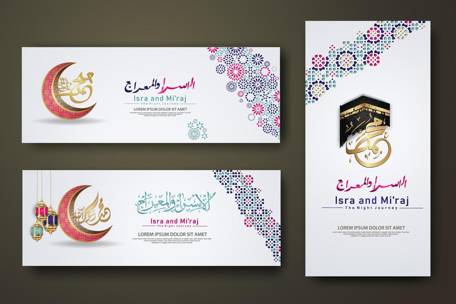 al-isra wal mi'raj prophète muhammad ensemble de calligraphie modèle de bannière vecteur