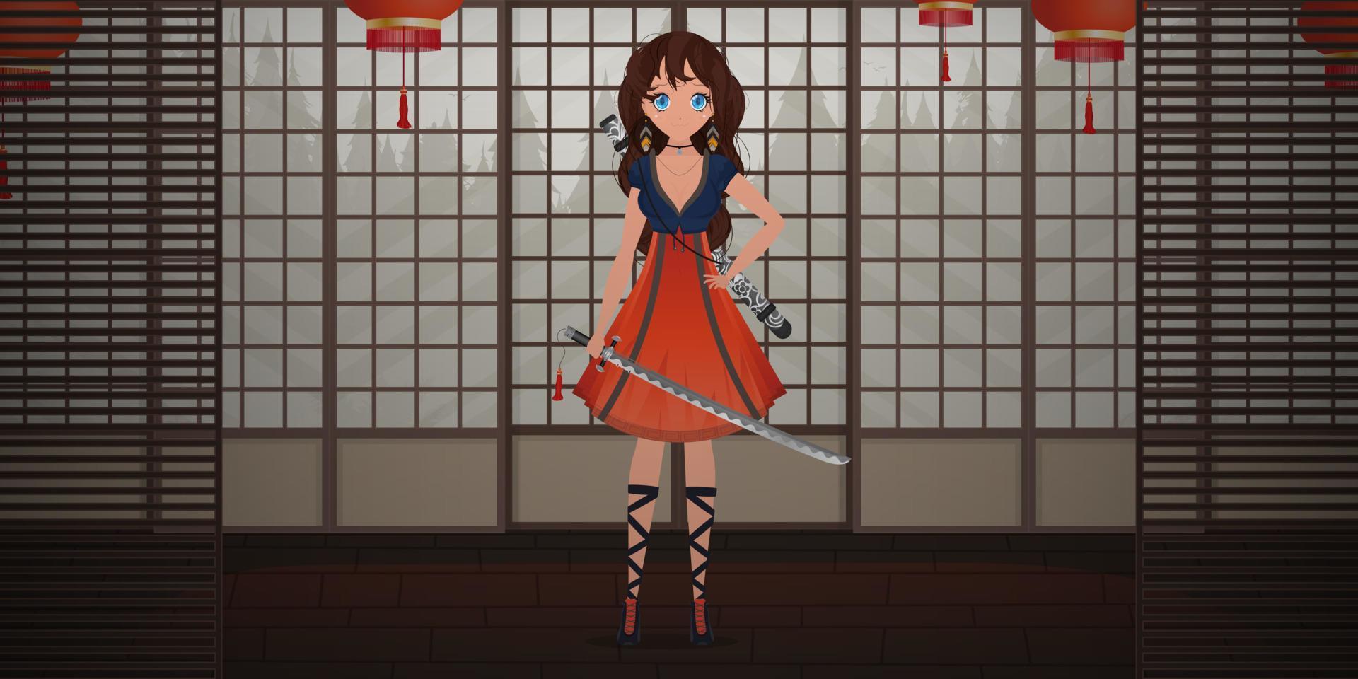 une fille avec un katana dans une robe bleue et rouge se tient dans une chambre japonaise. femme samouraï anime. vecteur