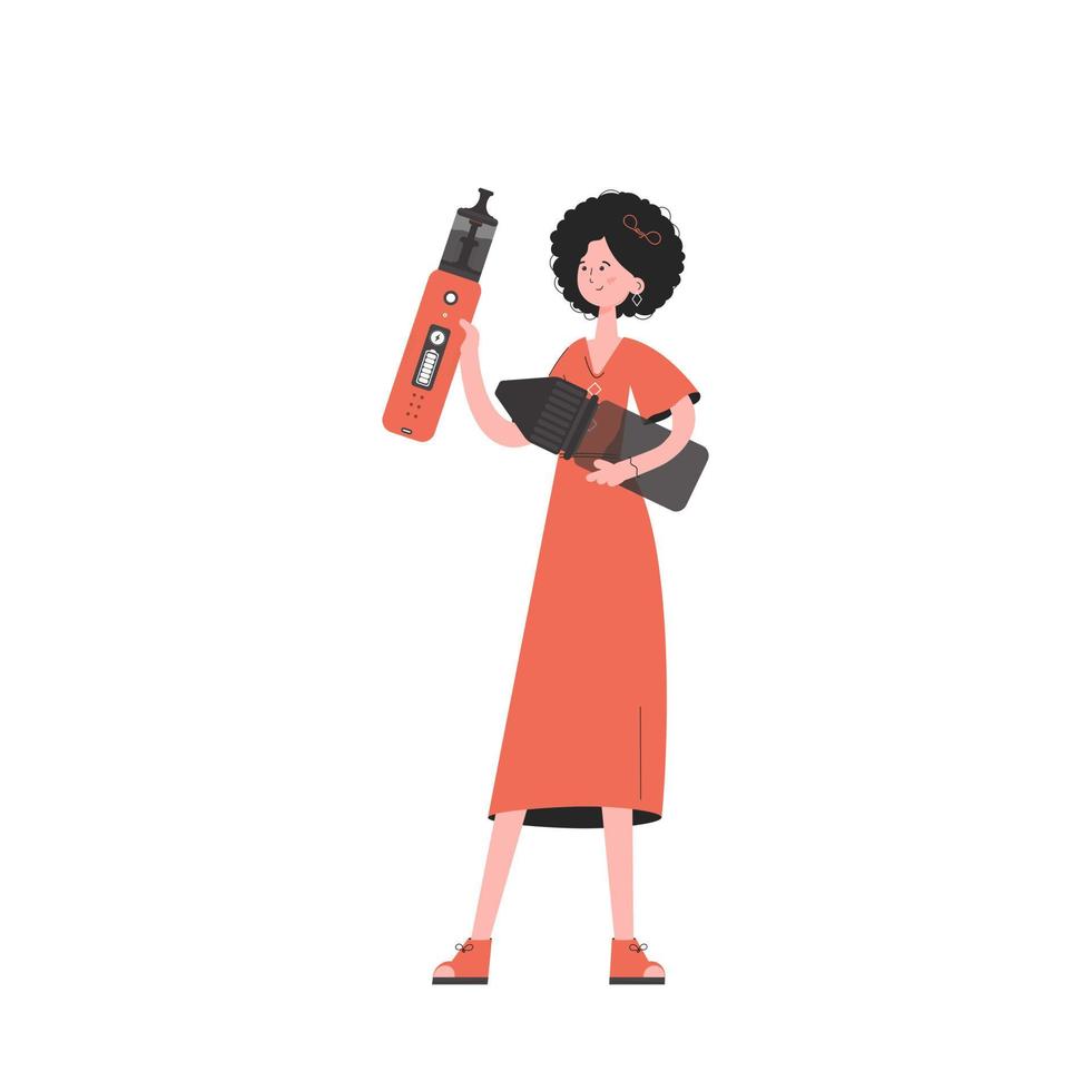 une femme tient une cigarette électronique dans ses mains. style tendance avec des couleurs douces et neutres. isolé. illustration vectorielle. vecteur