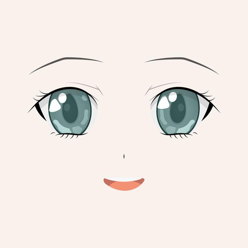 visage d'anime heureux. style manga grands yeux verts, petit nez et bouche kawaii. illustration vectorielle dessinés à la main. isolé sur blanc. vecteur