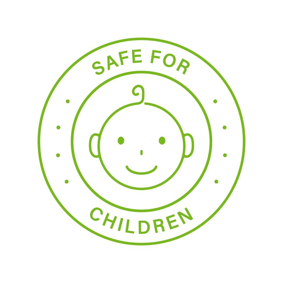 sans danger pour le timbre vert de la ligne des enfants. produit de sécurité pour autocollant contour enfant. étiquette de zone adaptée aux enfants. matériau non toxique pour enfant. signe de nourriture pour bébé dans le menu du restaurant. illustration vectorielle isolée. vecteur