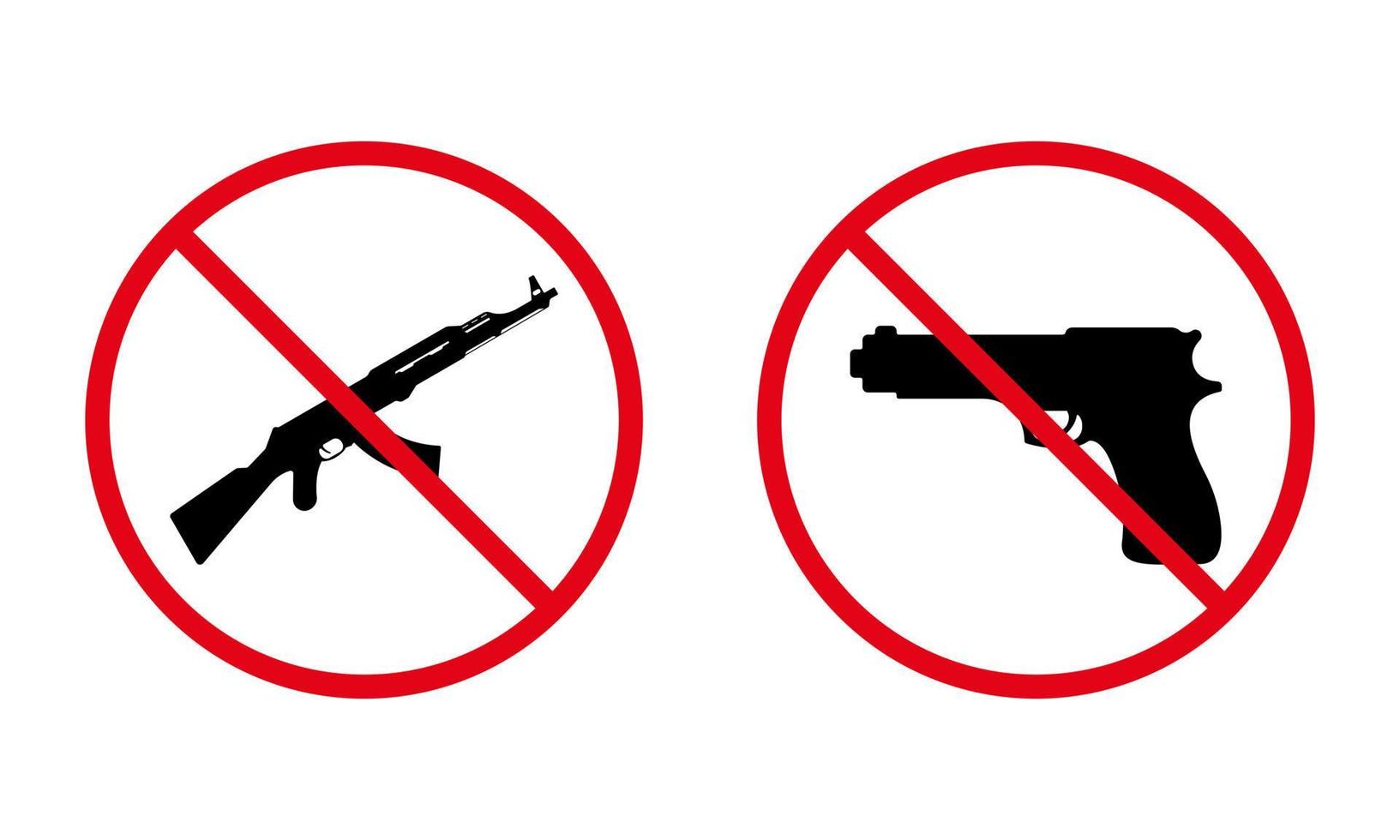 arme à main et ak 47 kalashnikov automatique arrêter l'icône de silhouette noire. arme de poing militaire, pictogramme interdit ak47. symbole d'interdiction rouge d'arme de l'armée. danger arme à feu interdite. illustration vectorielle isolée. vecteur