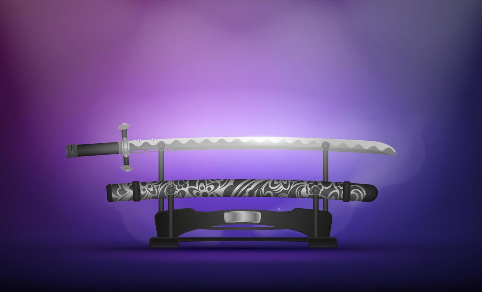 katana, épée japonaise dans un studio violet avec lumière et fumée. style réaliste. armes de samouraï. katana avec fourreau. vecteur