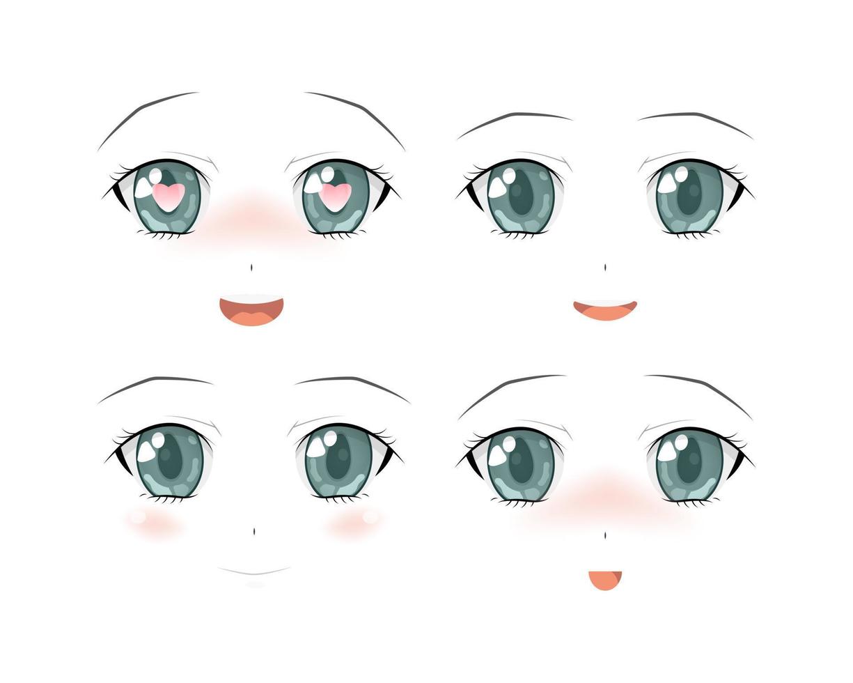 ensemble d'expressions de style anime de dessin animé vectoriel. anime girl en japonais. style anime, illustration vectorielle dessinée. esquisser. vecteur