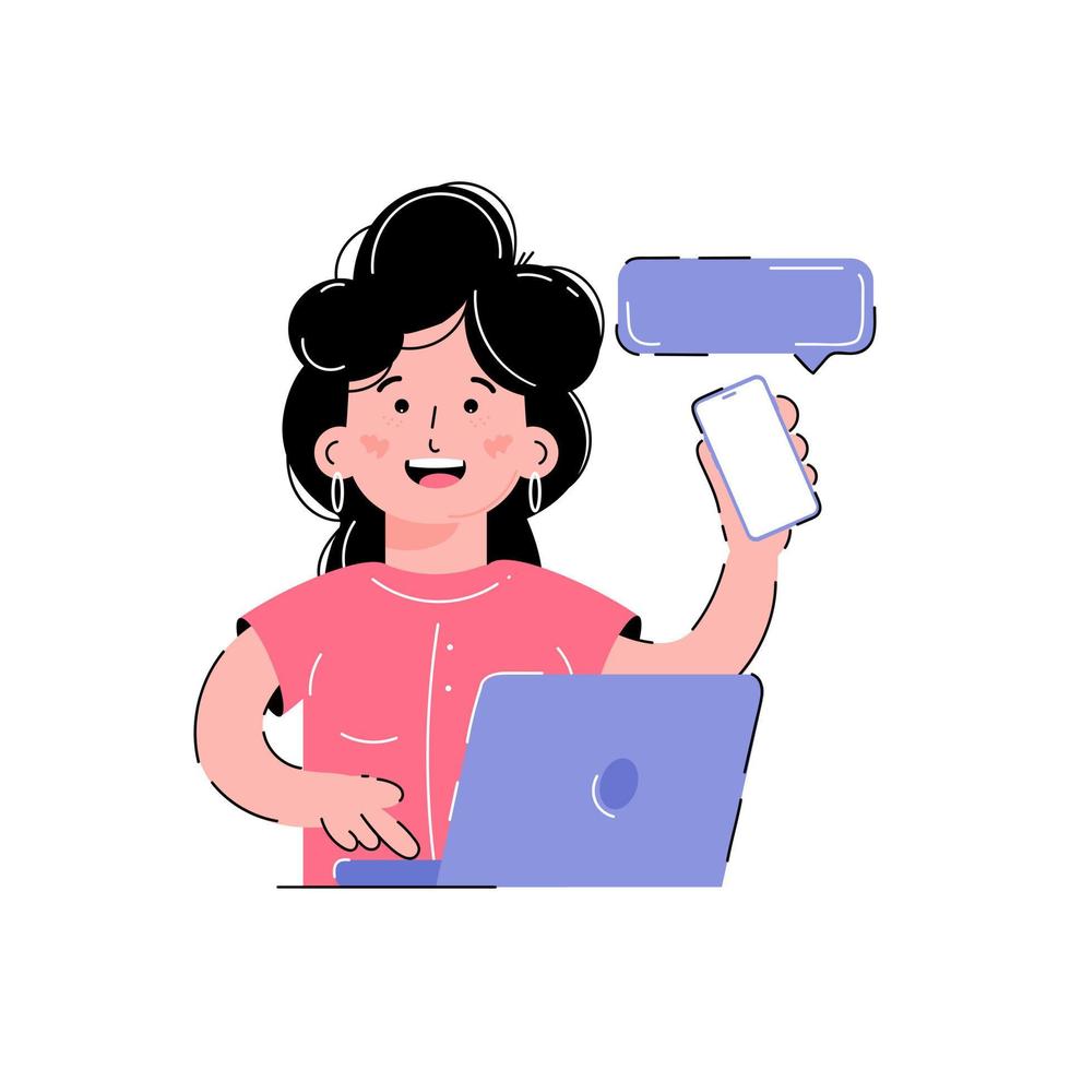 la fille travaille sur un ordinateur portable et tient un téléphone. isolé sur fond blanc. style vectoriel plat tendance.