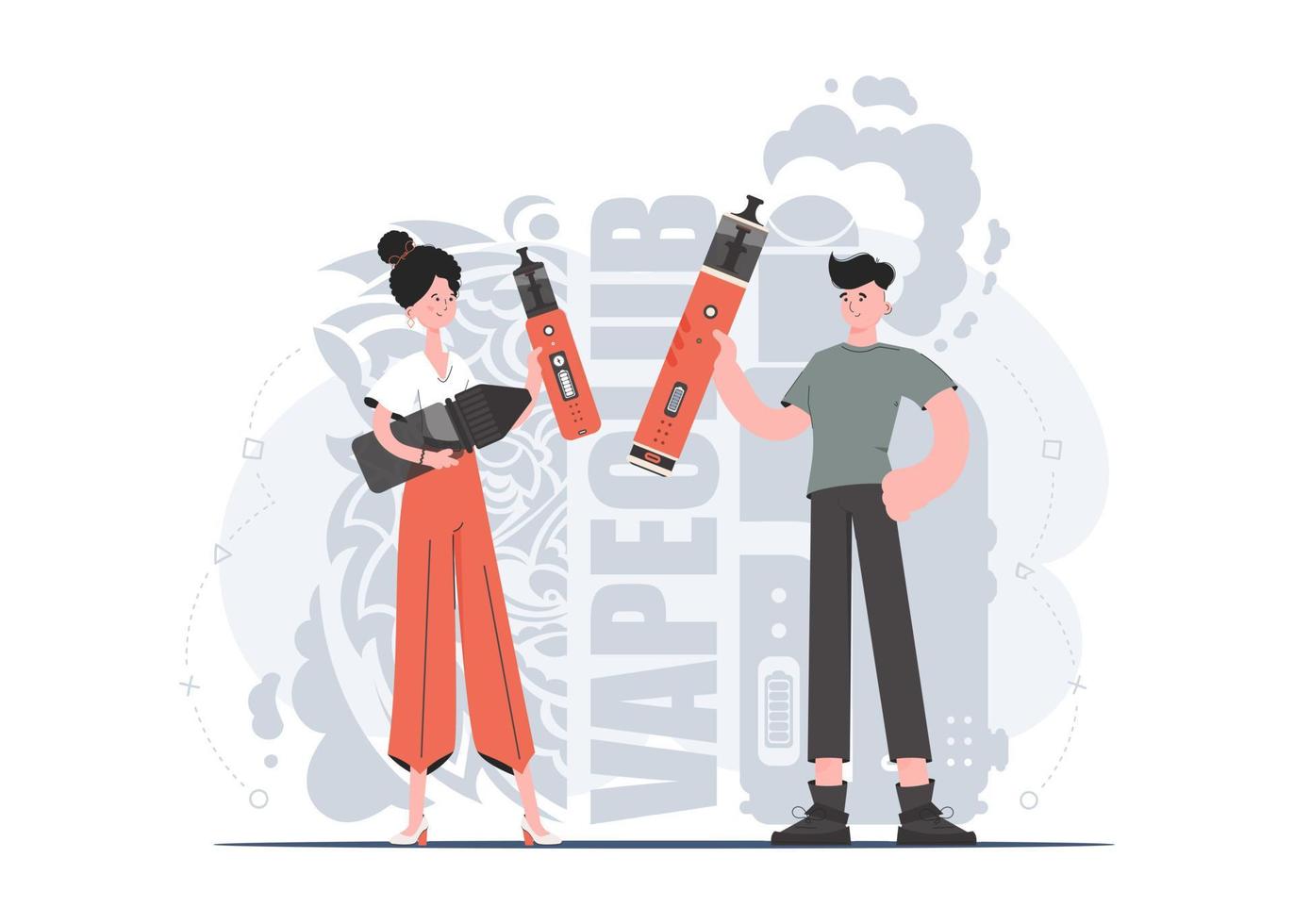 une fille et un gars tiennent un système de vapotage dans leurs mains. style tendance avec des couleurs neutres douces. le concept de vapeur et vape. illustration vectorielle. vecteur