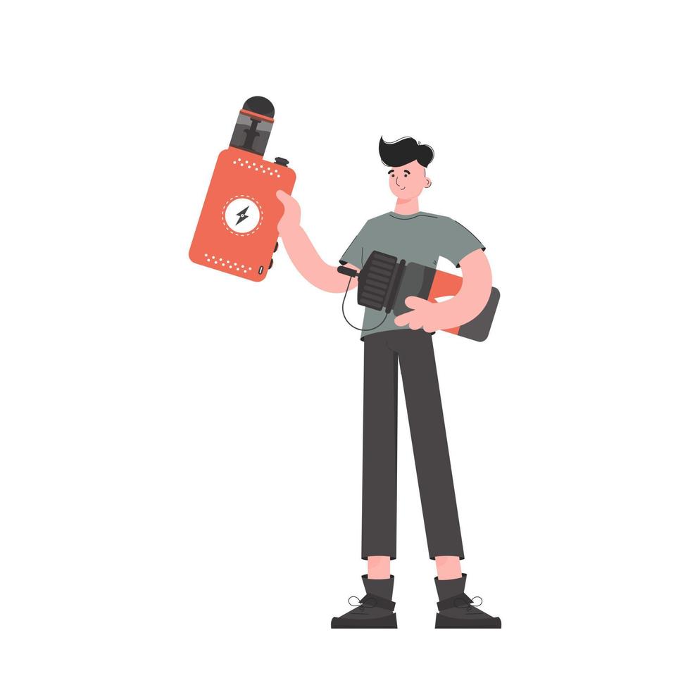 un homme tient une cigarette électronique dans ses mains. style plat. isolé. illustration vectorielle. vecteur