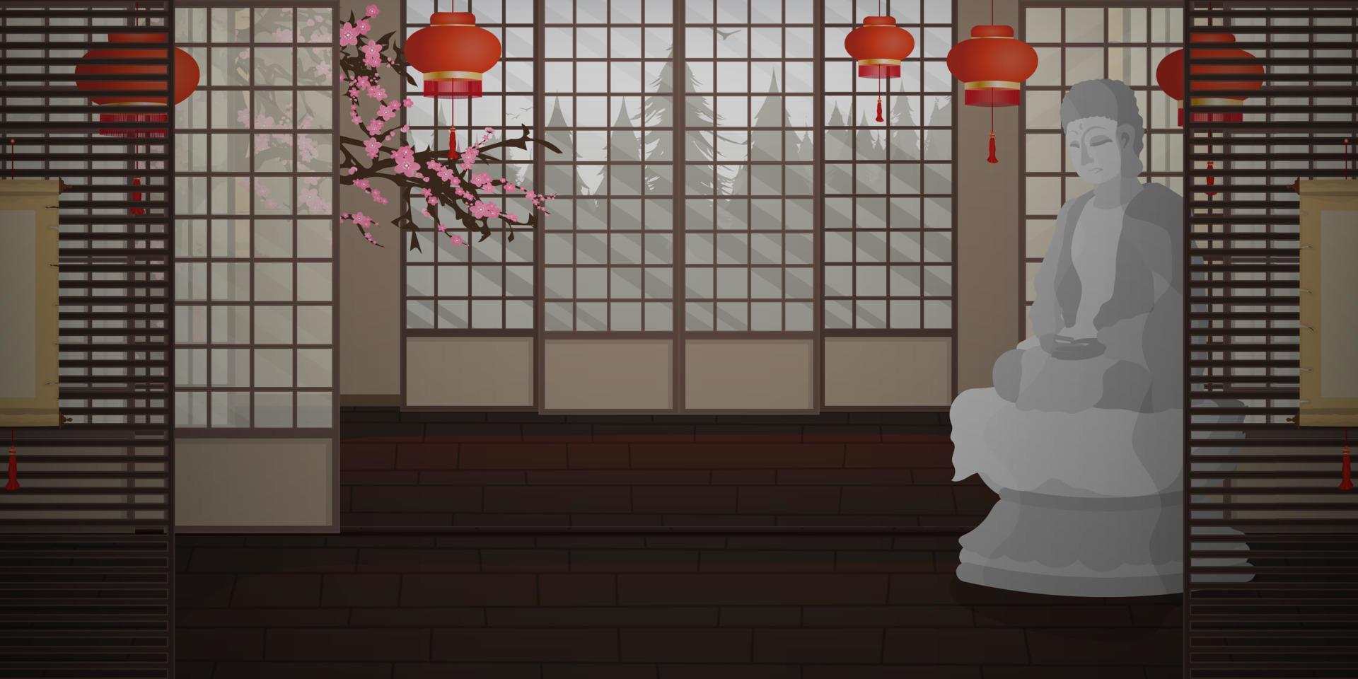 ryokan une salle zen vide dans un style très japonais avec une statue de bouddha. style bande dessinée. illustration vectorielle. vecteur