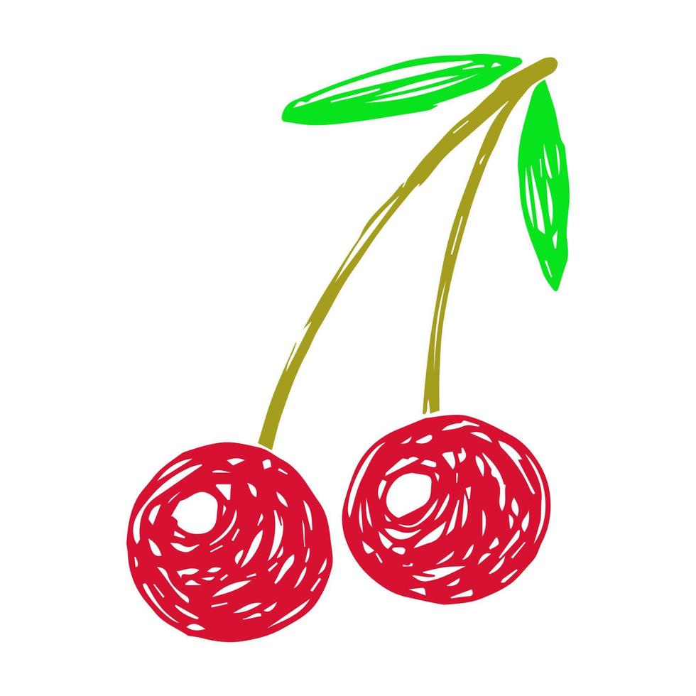 illustration vectorielle de couleur vive. deux cerises rouges sur une branche, feuilles vertes. pour les impressions, autocollant, étiquette. produits à base de cerises, fruits du jardin, baies. vecteur