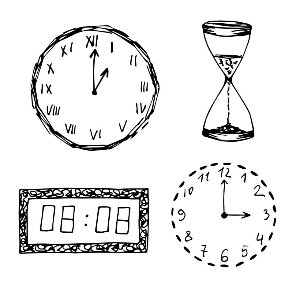 dessin vectoriel d'encre dessiné à la main. contour noir sur fond blanc. ensemble d'horloges diverses, sablier, mécaniques, électroniques.