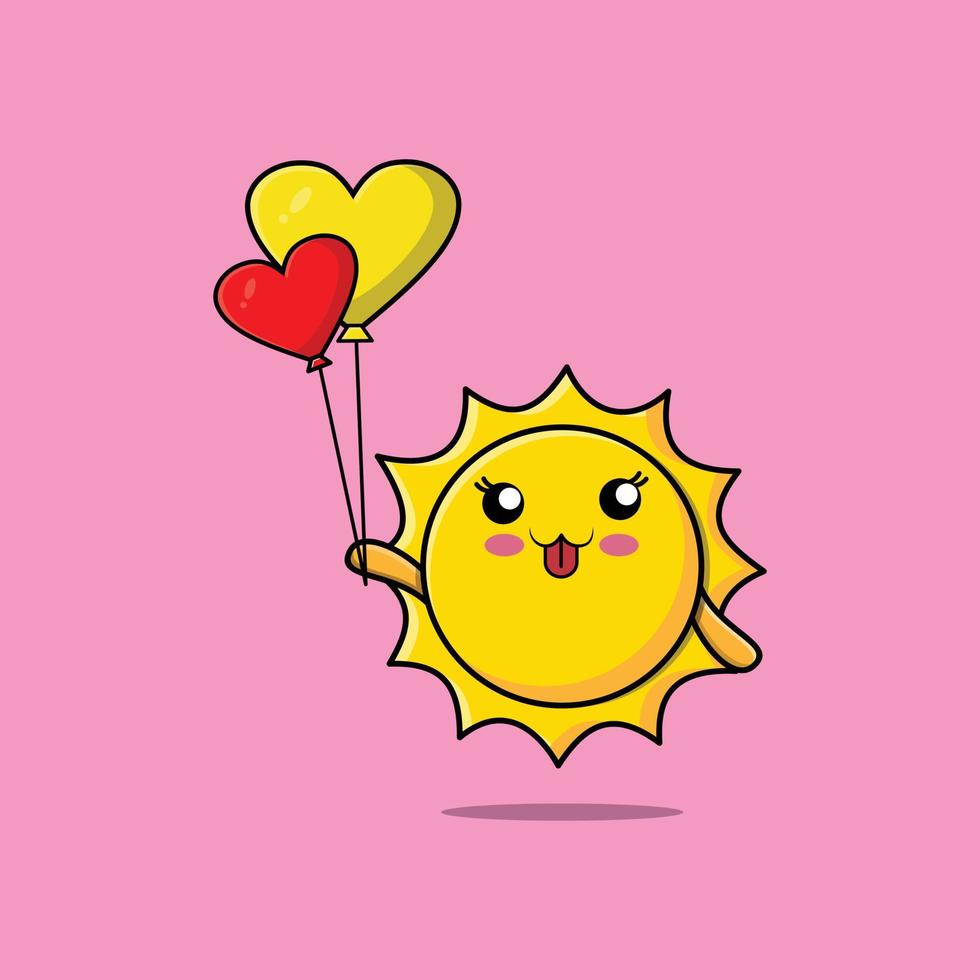 soleil de dessin animé mignon flottant avec ballon d'amour vecteur