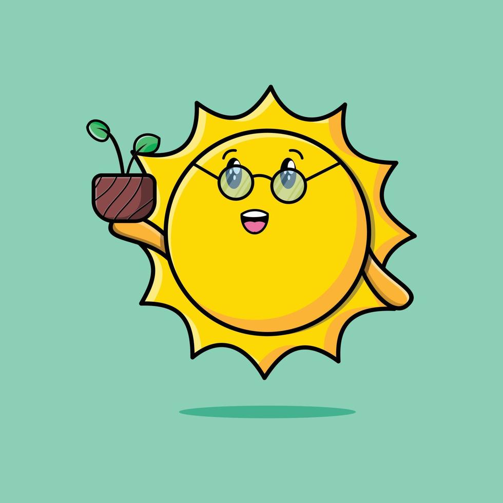 soleil de dessin animé mignon tenant une plante dans un pot vecteur