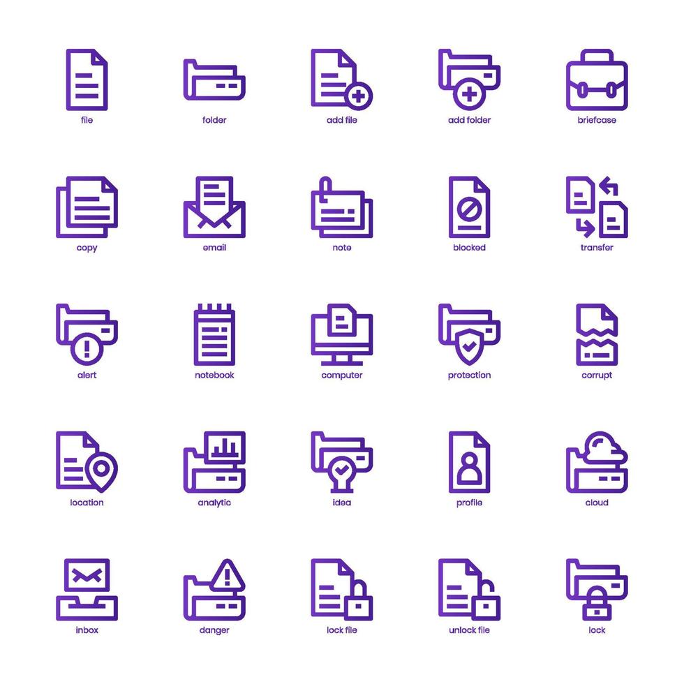 pack d'icônes de fichiers et de dossiers pour la conception, le logo, l'application, l'interface utilisateur de votre site Web. conception de gradient de ligne de base d'icône de fichier et de dossier. illustration graphique vectorielle et trait modifiable. vecteur