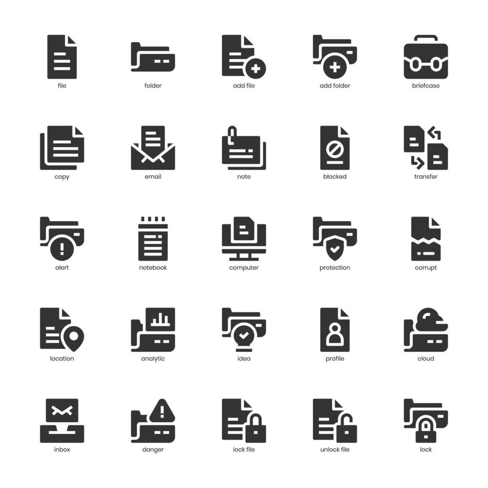 pack d'icônes de fichiers et de dossiers pour la conception, le logo, l'application, l'interface utilisateur de votre site Web. conception de glyphe d'icône de fichier et de dossier. illustration graphique vectorielle et trait modifiable. vecteur